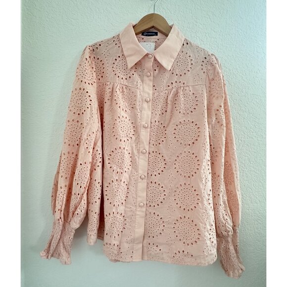 PrettyGarden Blouse‎ Womens XL Peachy Pink Eyelet Button Down L/S Boho Cottage - Picture 2 of 12